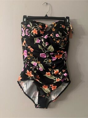 Shade & Shore Black Floral One-Piece Swimsuit with Orange and Pink Flowers